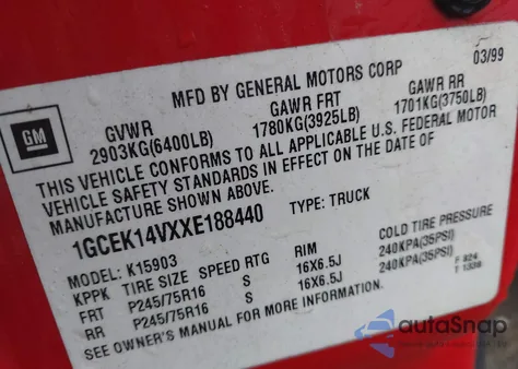 1999 Chevrolet Silverado 1500 from USA, damaged, VIN 1GCEK14VXXE188440